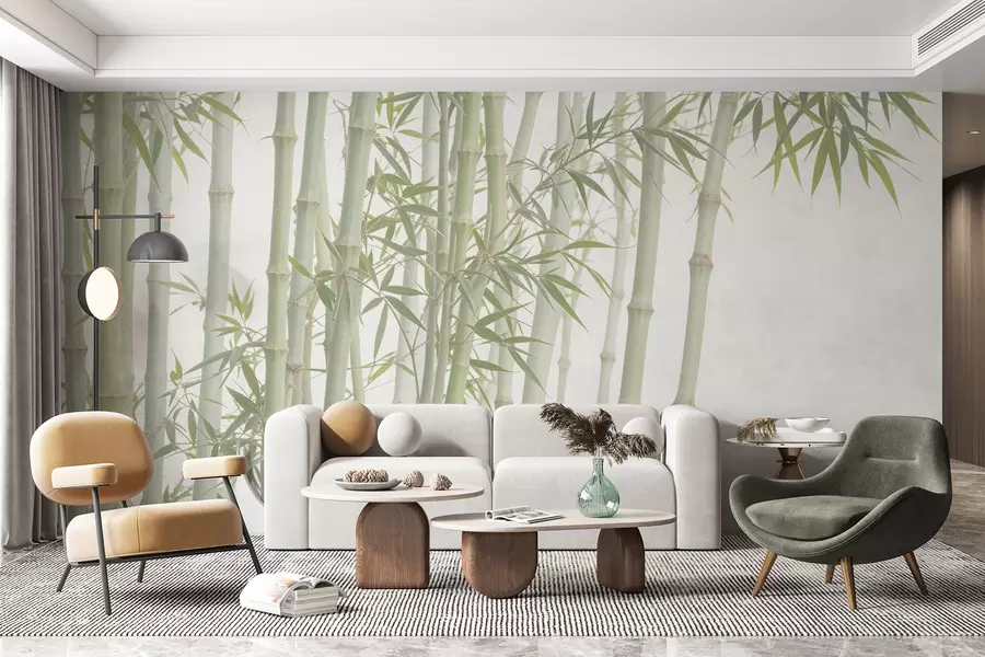 Fototapete Ein dichter Bambuswald mit hohen Bambusstäben und grünen Blättern vor einem weichen, dunstigen Hintergrund w08237
