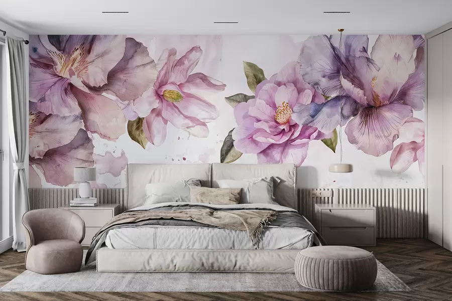 Fototapete Zarte rosa und lila Aquarellblumen mit weichen Blütenblättern und grünen Blättern vor einem hellen Hintergrund w08238