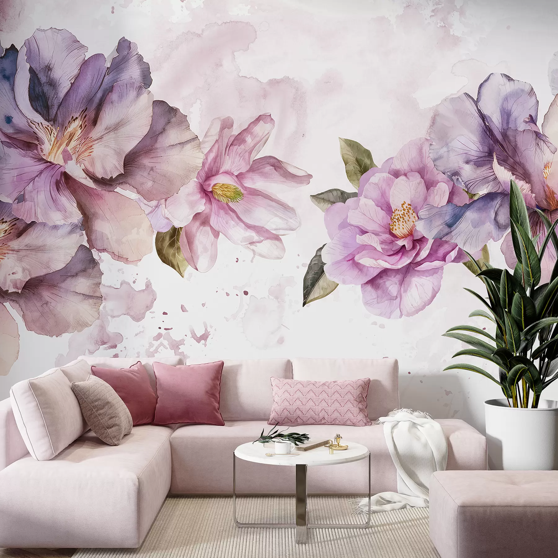 Fototapete Zarte rosa und lila Aquarellblumen mit weichen Blütenblättern und grünen Blättern vor einem hellen Hintergrund w08238