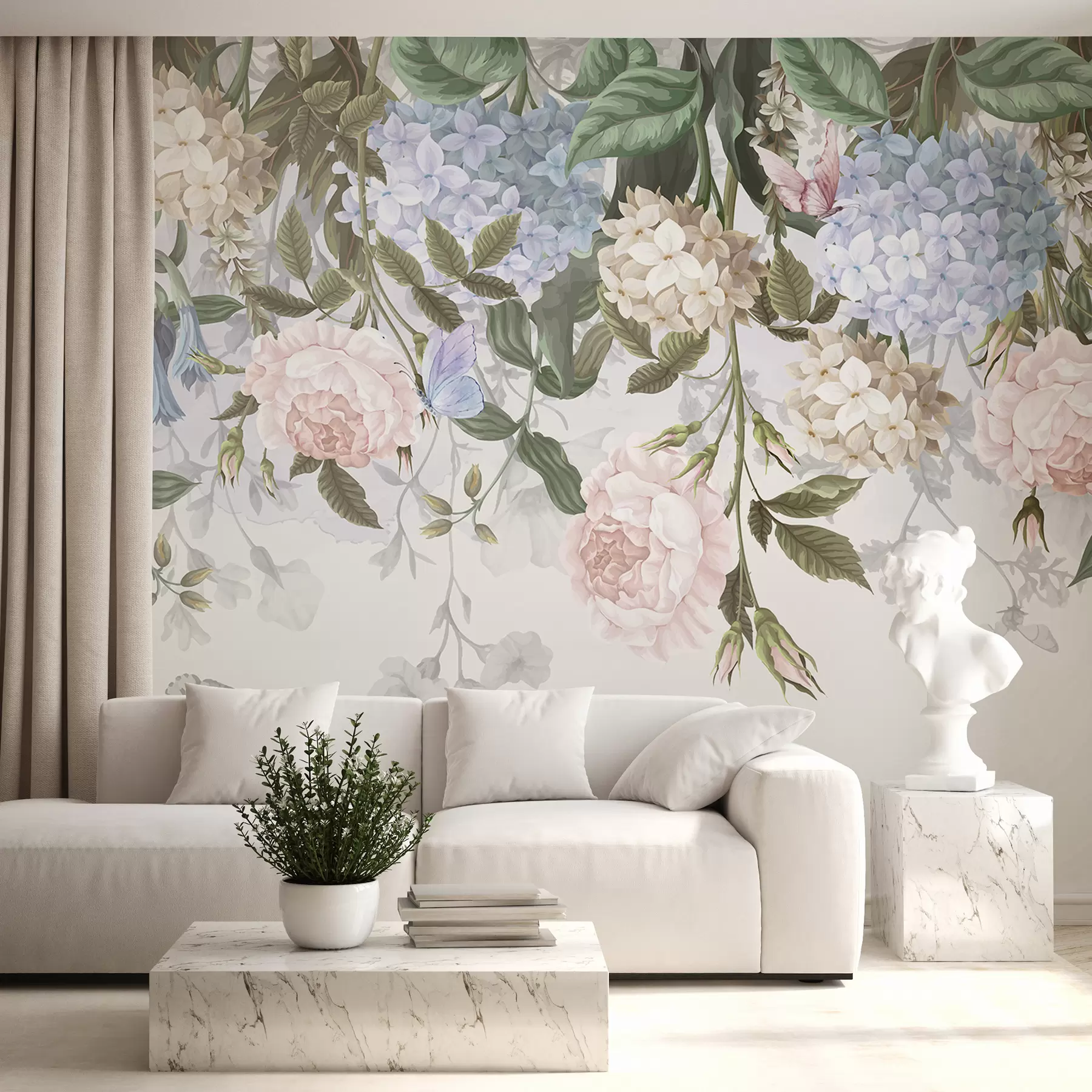 Fototapete Zarte Blumendruckkunst mit pastellrosa Rosen, weißen Hortensien und grünen Blättern auf hellem Hintergrund w08240
