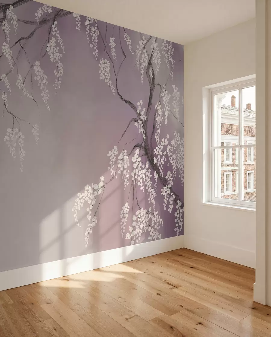 Fototapete Zarter weißer Kirschbaum mit blühenden Blüten auf Zweigen vor rosa Hintergrund w08243v2