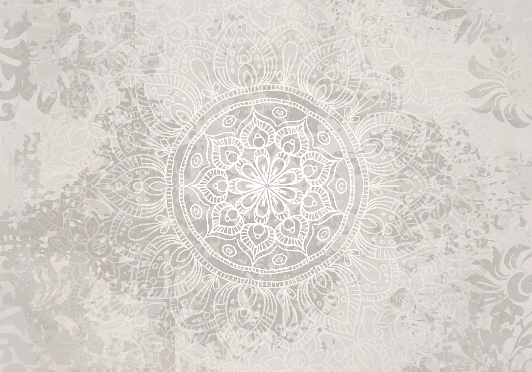 Fototapete Ein detailliertes weißes Mandala-Muster auf einem hellgrauen strukturierten Vintage-Hintergrund w08246