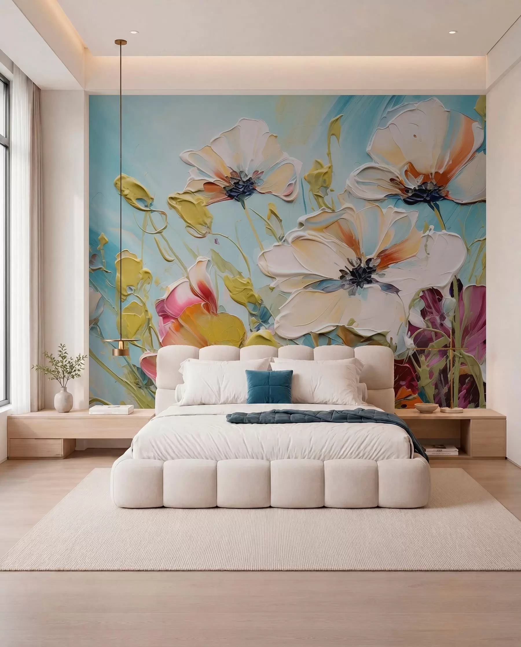 Fototapete Abstrakte weiße Mohnblumen auf blauem Hintergrund, Imitation von Pinselstrichen w01043