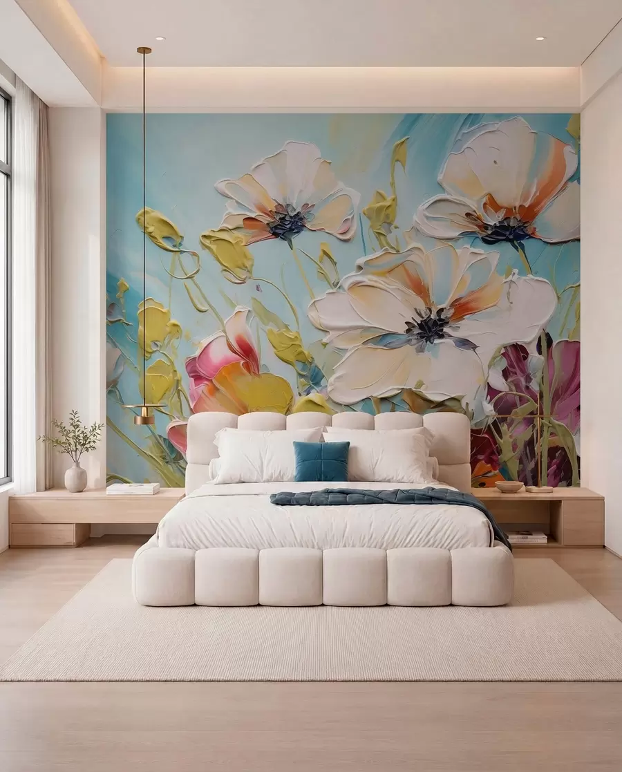 Fototapete Abstrakte weiße Mohnblumen auf blauem Hintergrund, Imitation von Pinselstrichen w01043