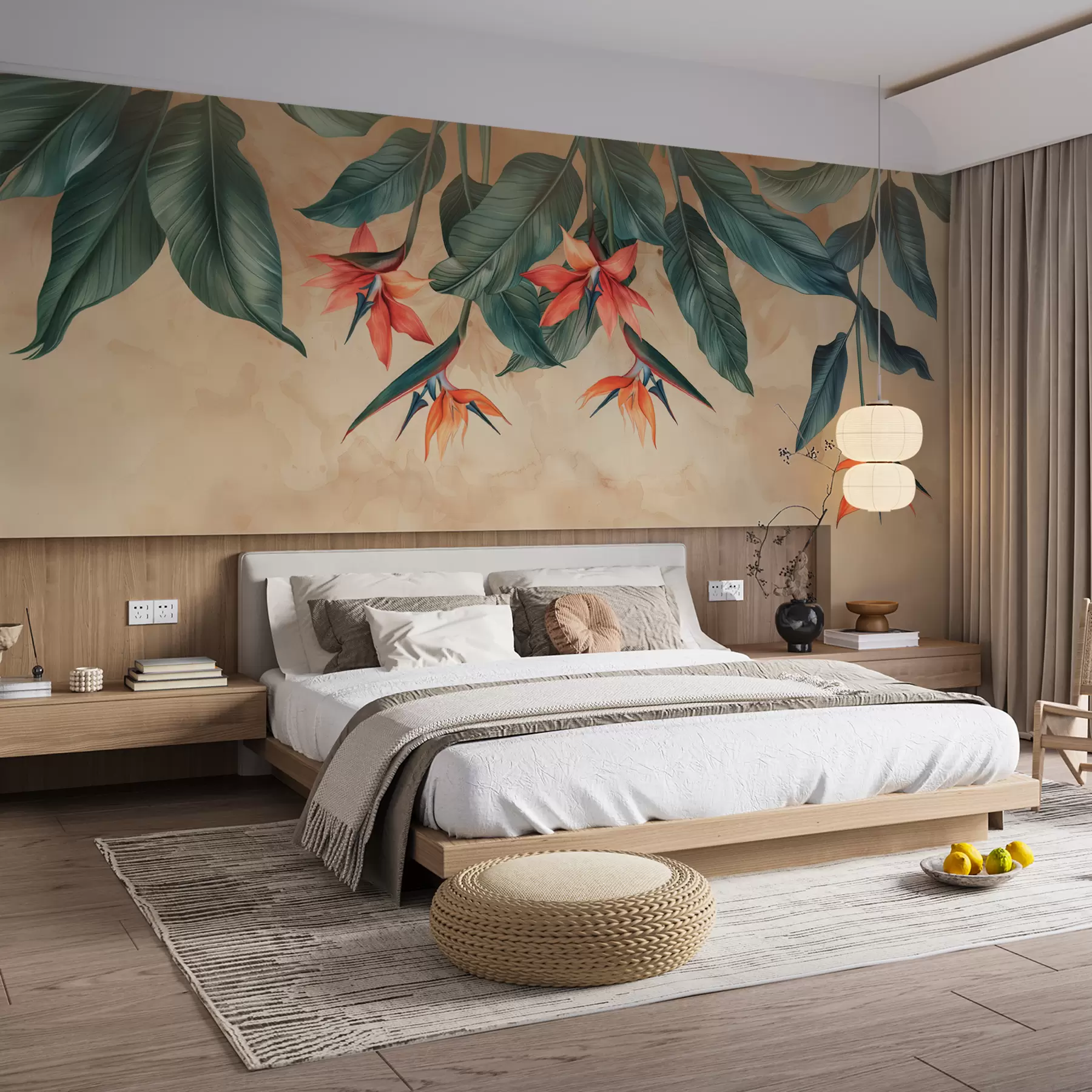 Fototapete Tropische Blüte auf beigem Aquarellhintergrund w01485