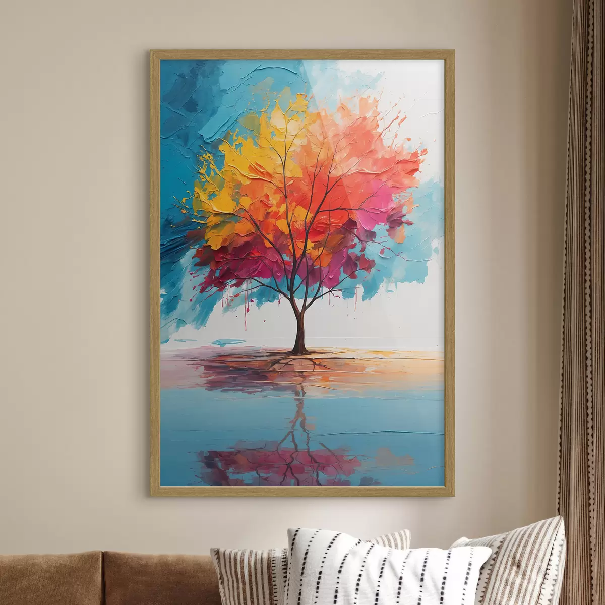 Poster Abstrakter bunter Baum auf einem See f40455