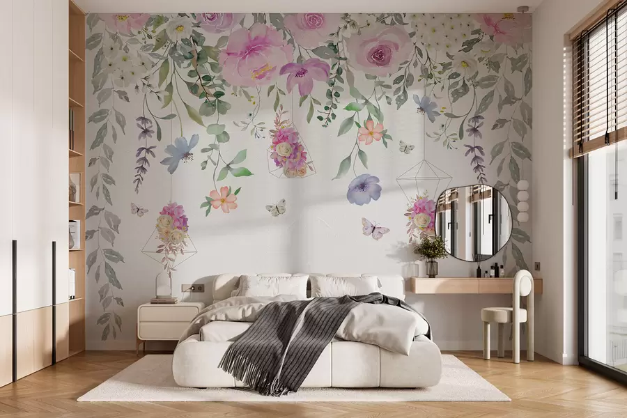 Fototapete Hängende Blumen, Blumendekorationen und Schmetterlinge w01517