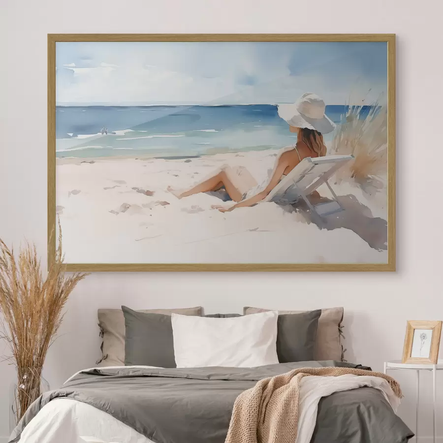 Fototapete Mädchen entspannt am Strand am Meer Aquarell f40679