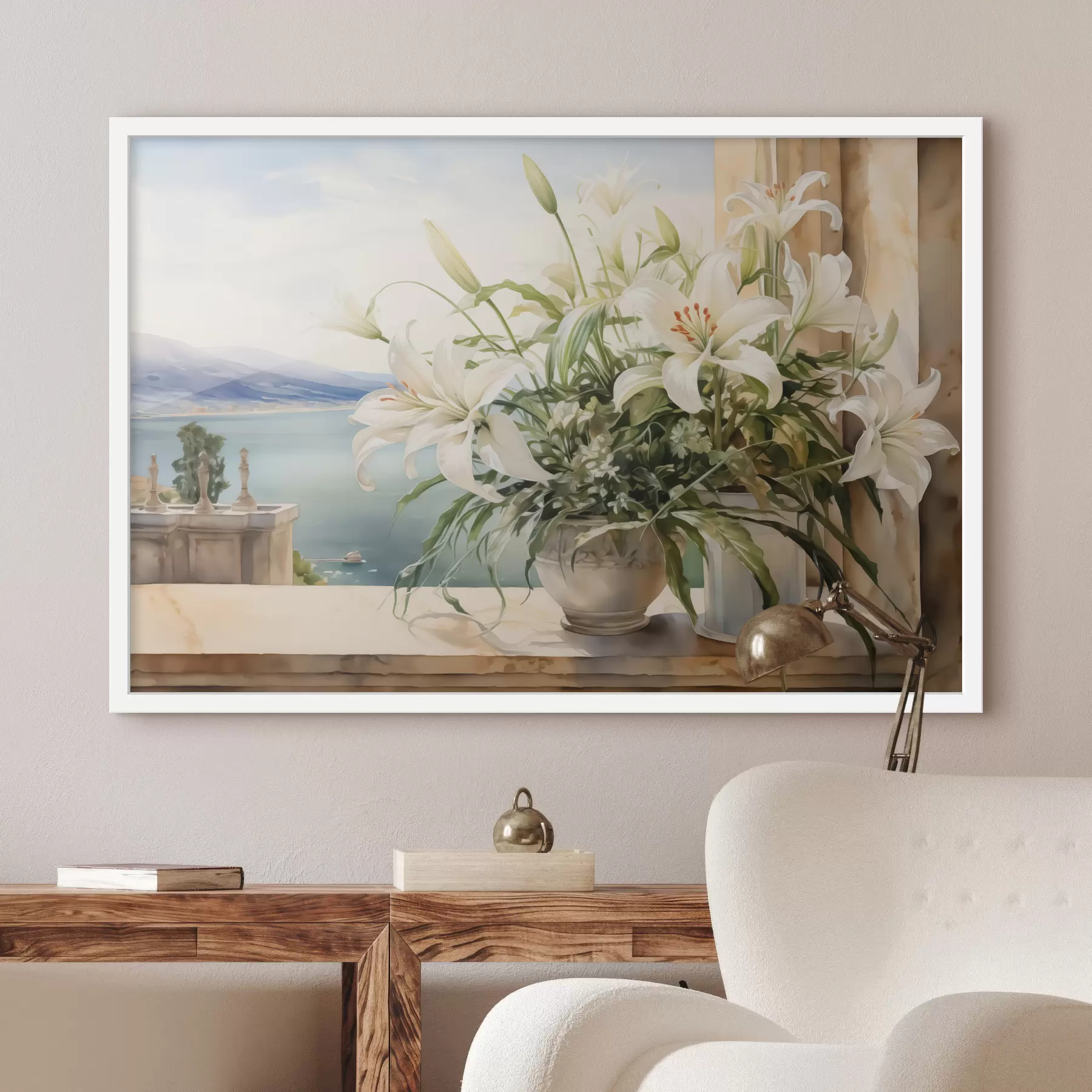 Fototapete Weiße Lilien in einer Vase auf einem Balkon mit Blick auf das Meer und die Berge Aquarell f40682