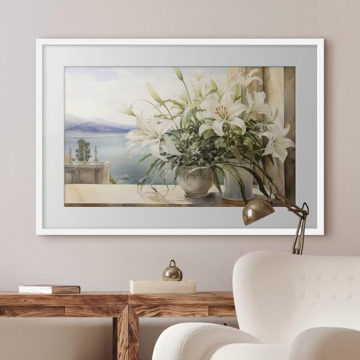 Poster Weiße Lilien in einer Vase auf einem Balkon mit Blick auf das Meer und die Berge Aquarell f40682
