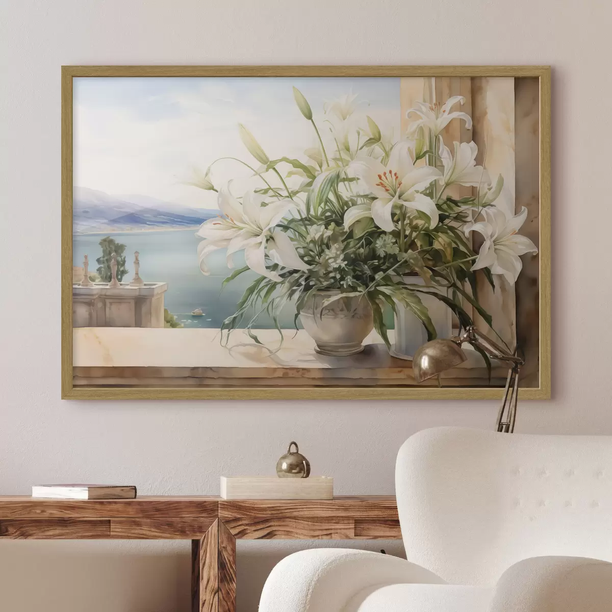 Poster Weiße Lilien in einer Vase auf einem Balkon mit Blick auf das Meer und die Berge Aquarell f40682