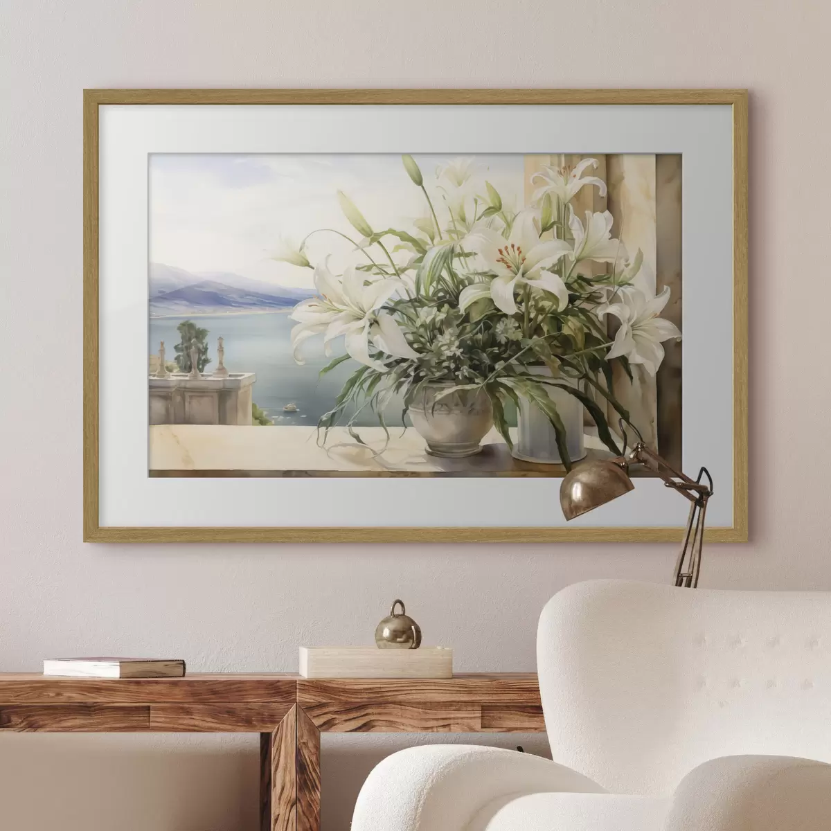Poster Weiße Lilien in einer Vase auf einem Balkon mit Blick auf das Meer und die Berge Aquarell f40682