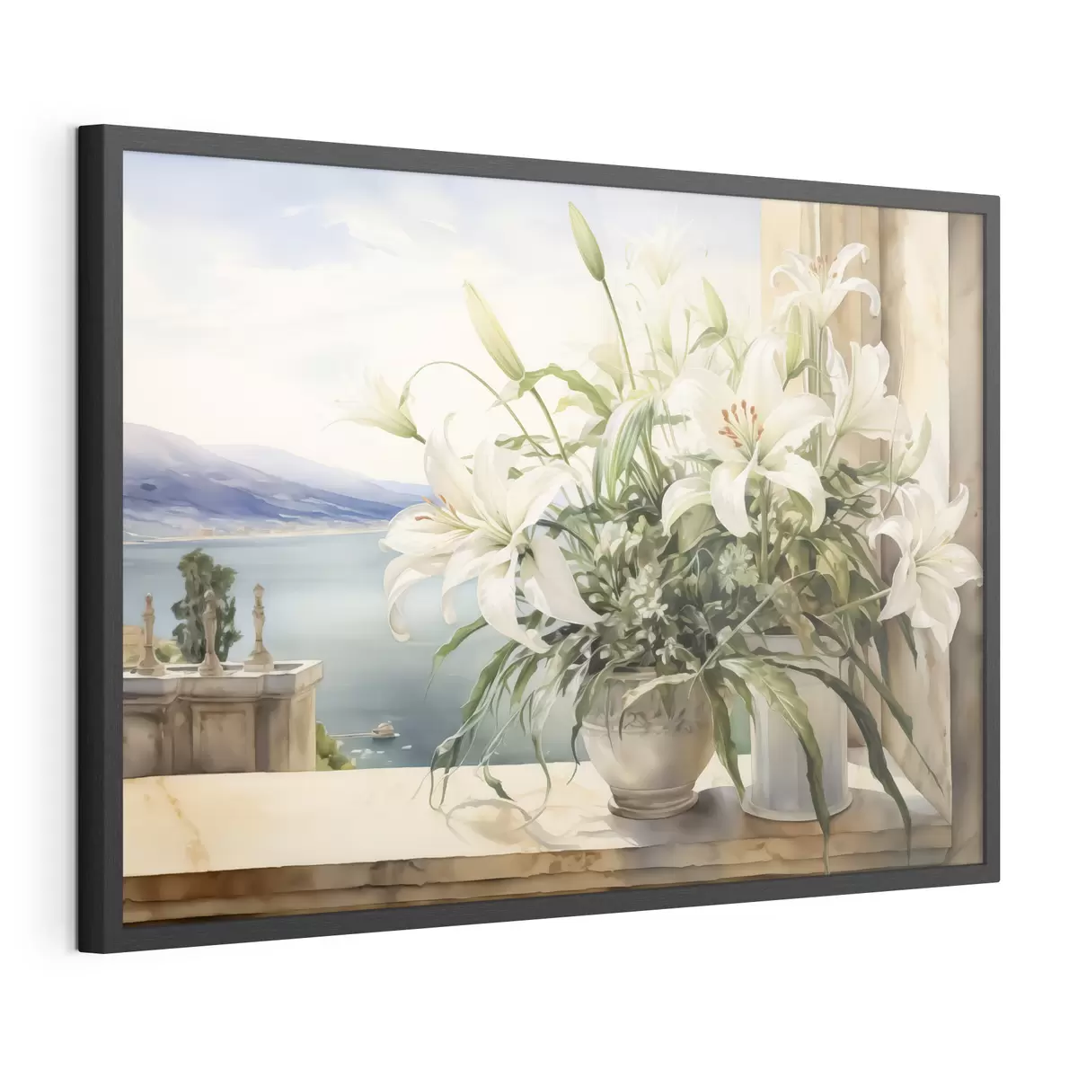 Poster Weiße Lilien in einer Vase auf einem Balkon mit Blick auf das Meer und die Berge Aquarell f40682