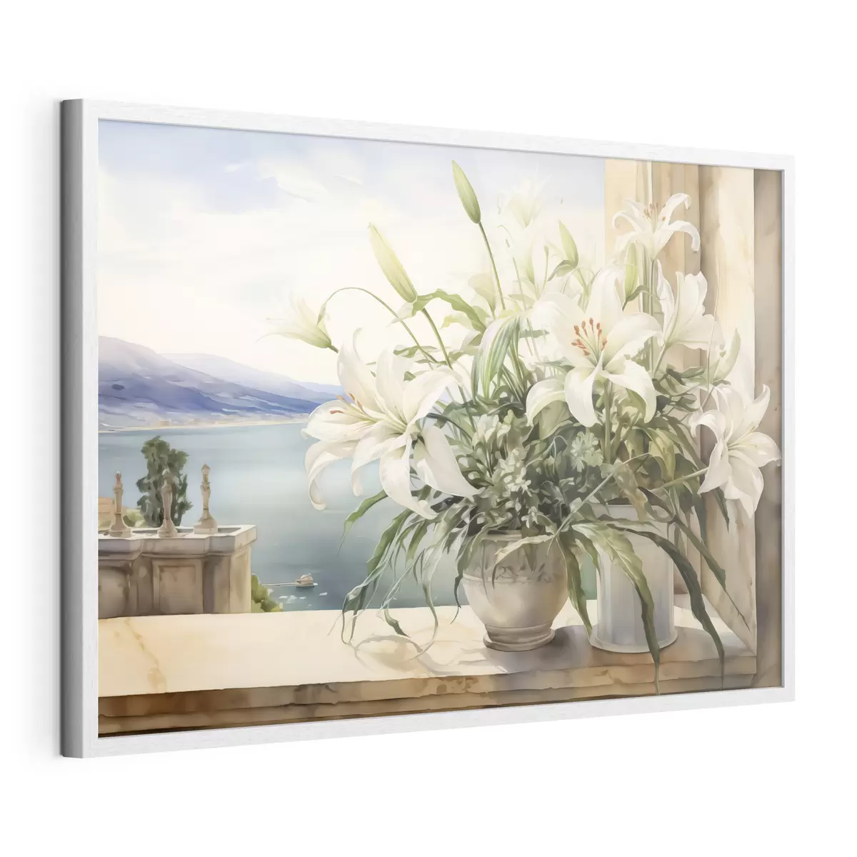 Poster Weiße Lilien in einer Vase auf einem Balkon mit Blick auf das Meer und die Berge Aquarell f40682