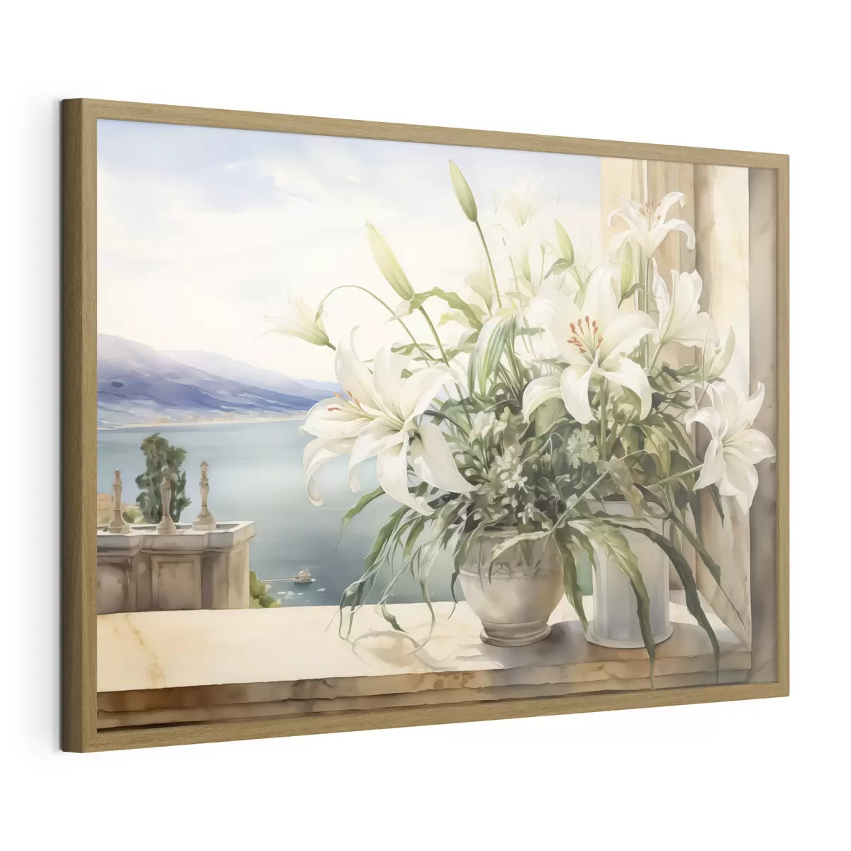 Poster Weiße Lilien in einer Vase auf einem Balkon mit Blick auf das Meer und die Berge Aquarell f40682