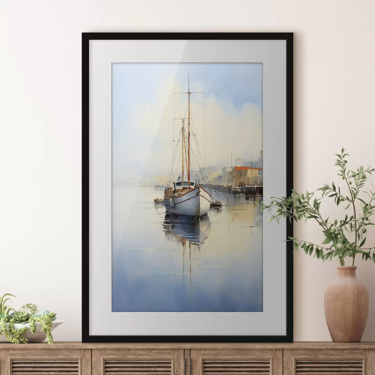Poster Fischerboot am Pier auf dem Meer nass Aquarell f40688