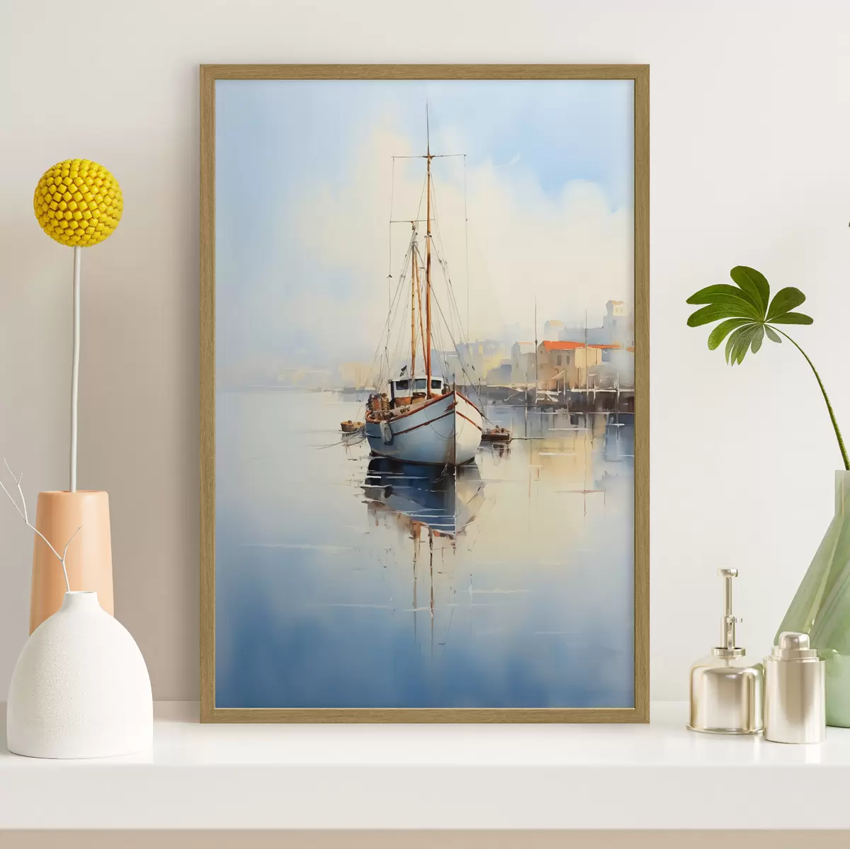 Poster Fischerboot am Pier auf dem Meer nass Aquarell f40688
