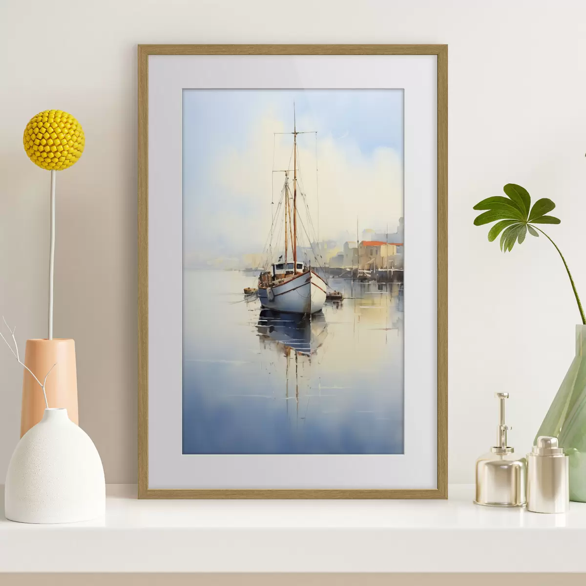 Poster Fischerboot am Pier auf dem Meer nass Aquarell f40688