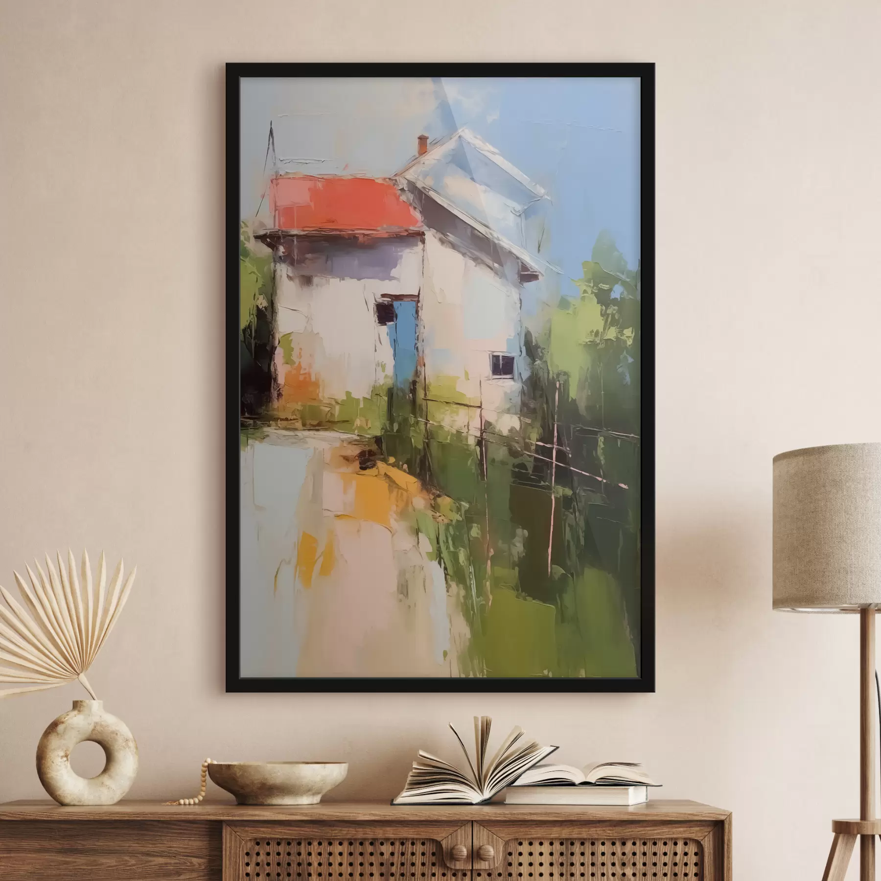 Fototapete Abstrakte Landschaft Haus durch den Garten, rot, blau, grün, gelb Farbe f40689