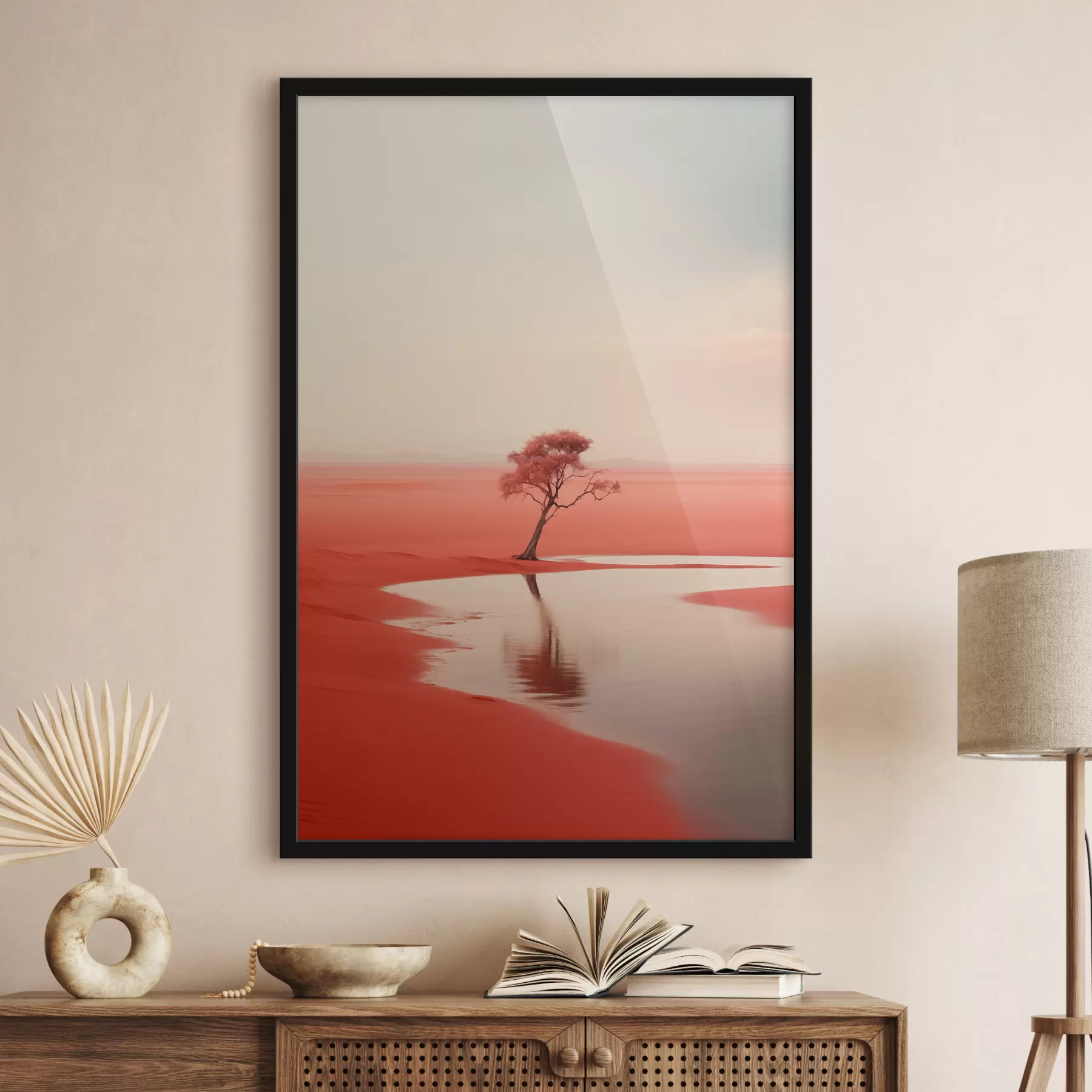 Fototapete Minimalistische Landschaft Baum durch den Fluss, rot, grau Farbe f40722