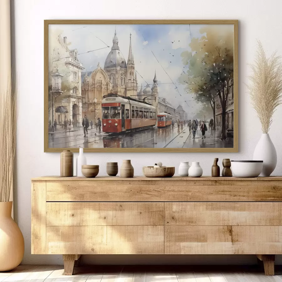 Fototapete Rote Straßenbahn auf der Straße von Wien Aquarell f40732