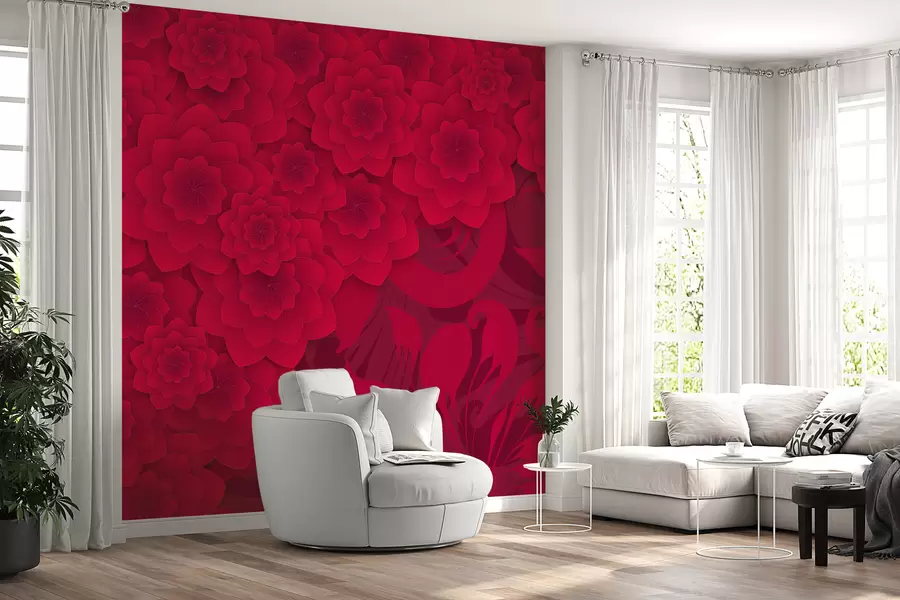Fototapete burgunderfarbene Tapete mit großen Blumen mit Imitation von Volumen auf dem Hintergrund eines ornamentalen Musters w01051