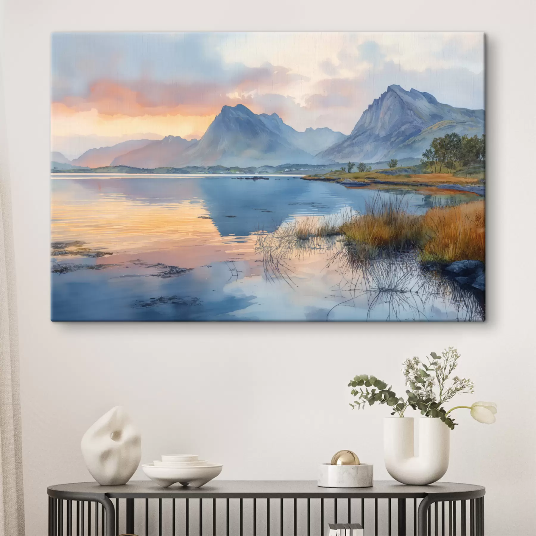 Fototapete Ruhiger Fluss mit Bergen, Sonnenaufgang, sanfte Farben s40307
