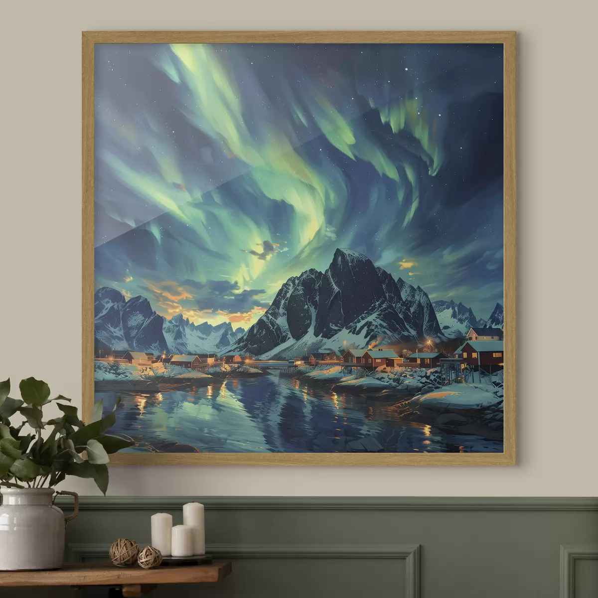 Poster Lofoten Inseln, Nordlicht, Winterdorf f40299