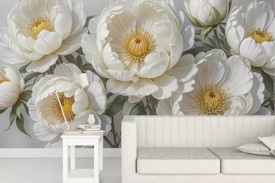 Fototapete Weiße voluminöse Malerei von Pfingstrosen mit gelben Zentren, umgeben von grünen Blättern vor einem hellen Hintergrund w08249