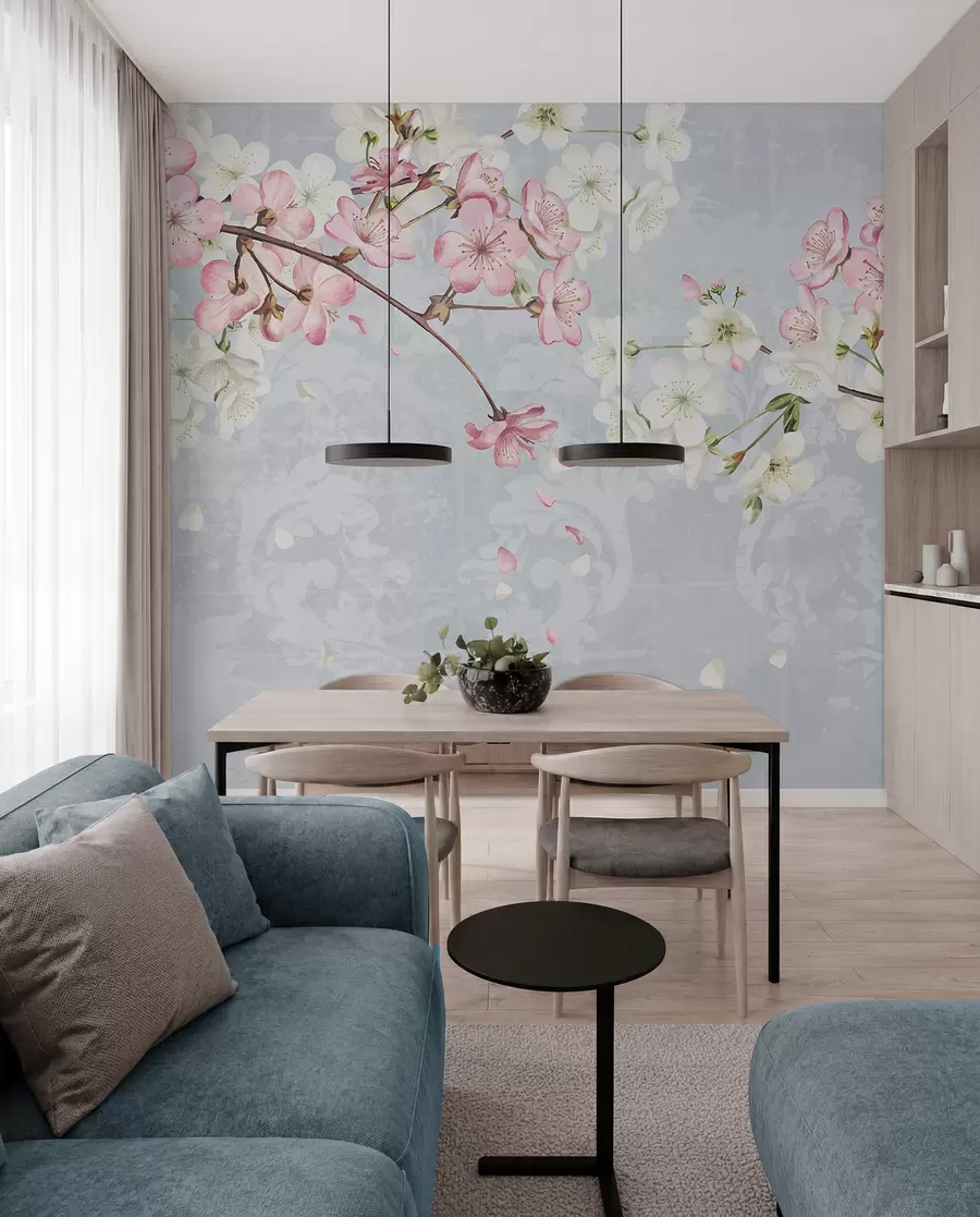 Fototapete Rosa und weiße Kirschblüten in voller Blüte, mit weichen Blütenblättern, die auf einen strukturierten blauen Hintergrund fallen w08254