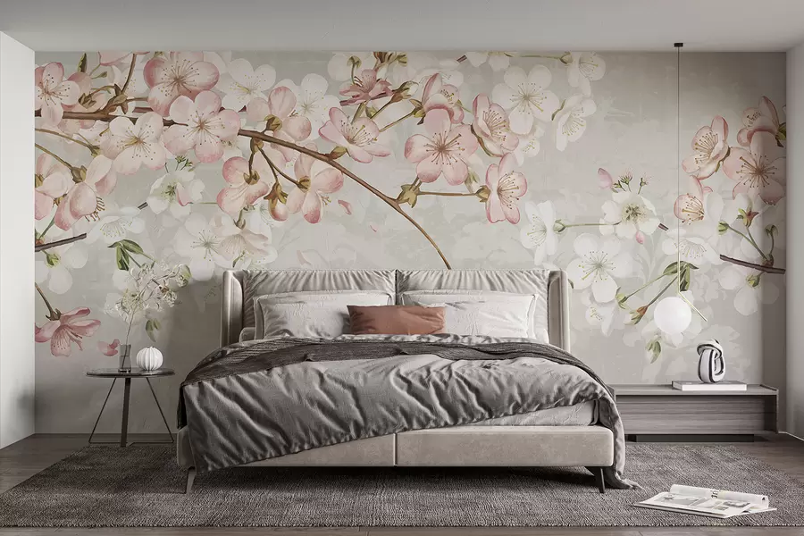 Fototapete Rosa und weiße Kirschblüten in voller Blüte, mit weichen Blütenblättern, die auf einen strukturierten beigen Hintergrund fallen w08254v1