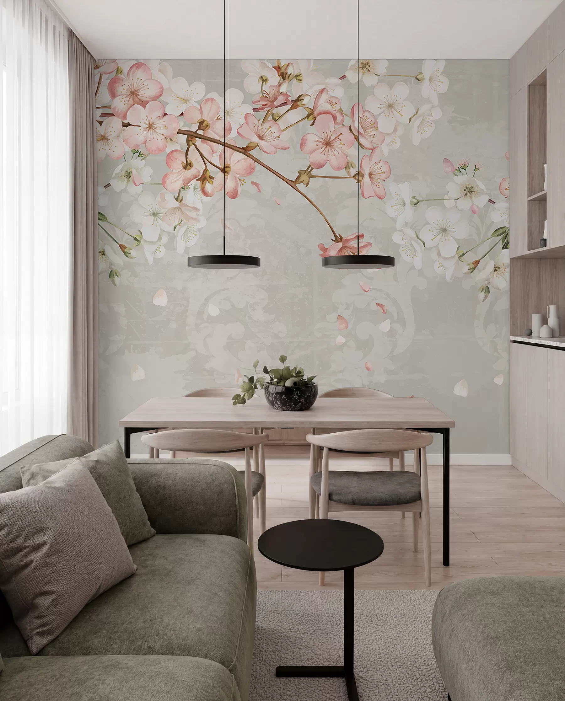 Fototapete Rosa und weiße Kirschblüten in voller Blüte, mit weichen Blütenblättern, die auf einen strukturierten beigen Hintergrund fallen w08254v1