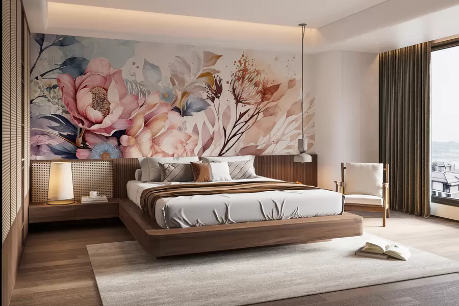 Fototapete Große rosa und blaue Blumen mit zarten Blütenblättern, umgeben von kleineren Blumen vor einem Aquarellhintergrund w08256