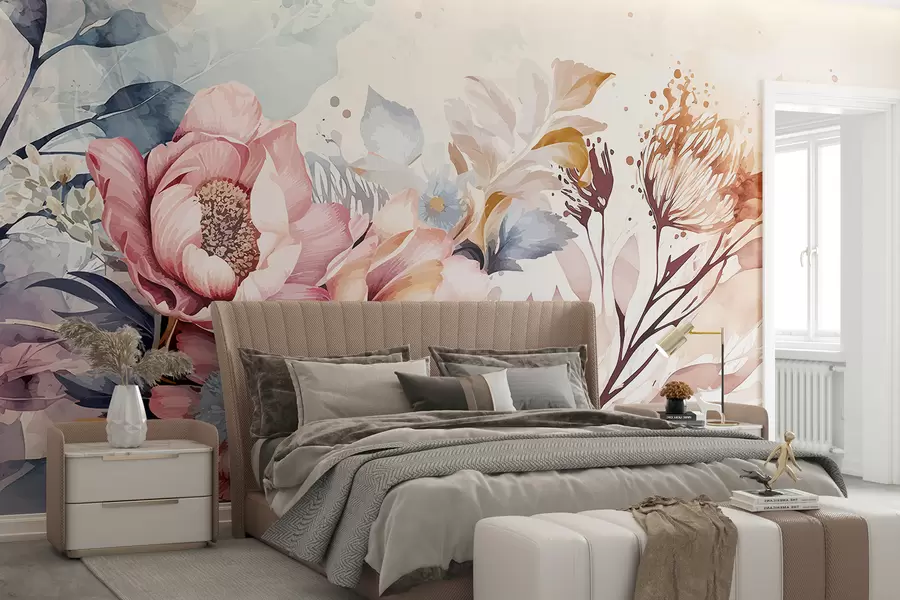 Fototapete Große rosa und blaue Blumen mit zarten Blütenblättern, umgeben von kleineren Blumen vor einem Aquarellhintergrund w08256