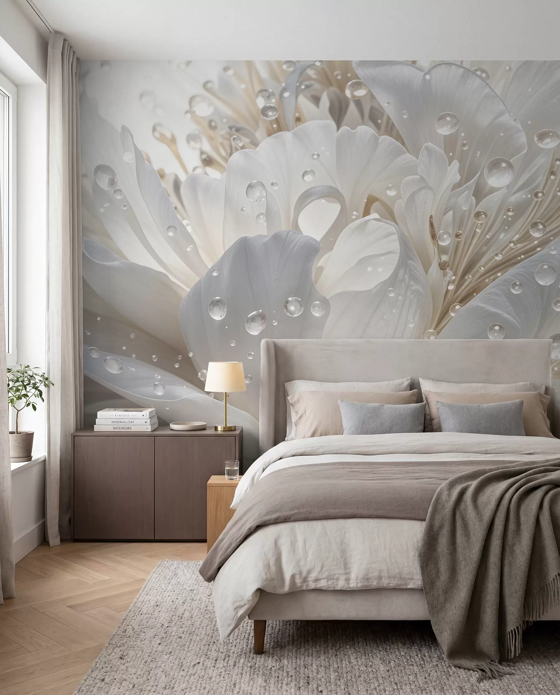 Fototapete Eine Nahaufnahme einer weißen Pfingstrose mit zarten Blütenblättern und Wassertropfen w08262