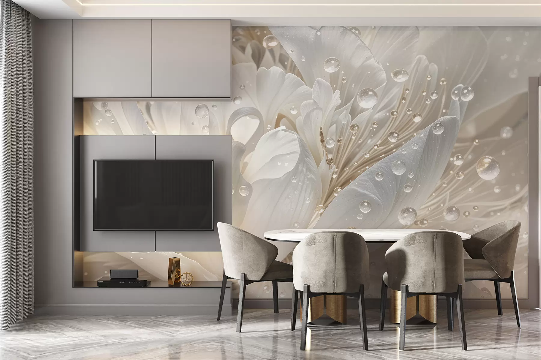 Fototapete Eine Nahaufnahme einer weißen Pfingstrose mit zarten Blütenblättern und Wassertropfen w08262