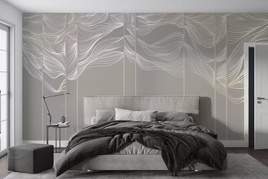 Fototapete Fließende weiße abstrakte Linie Wellen gegen einen hellbraunen Hintergrund w08263