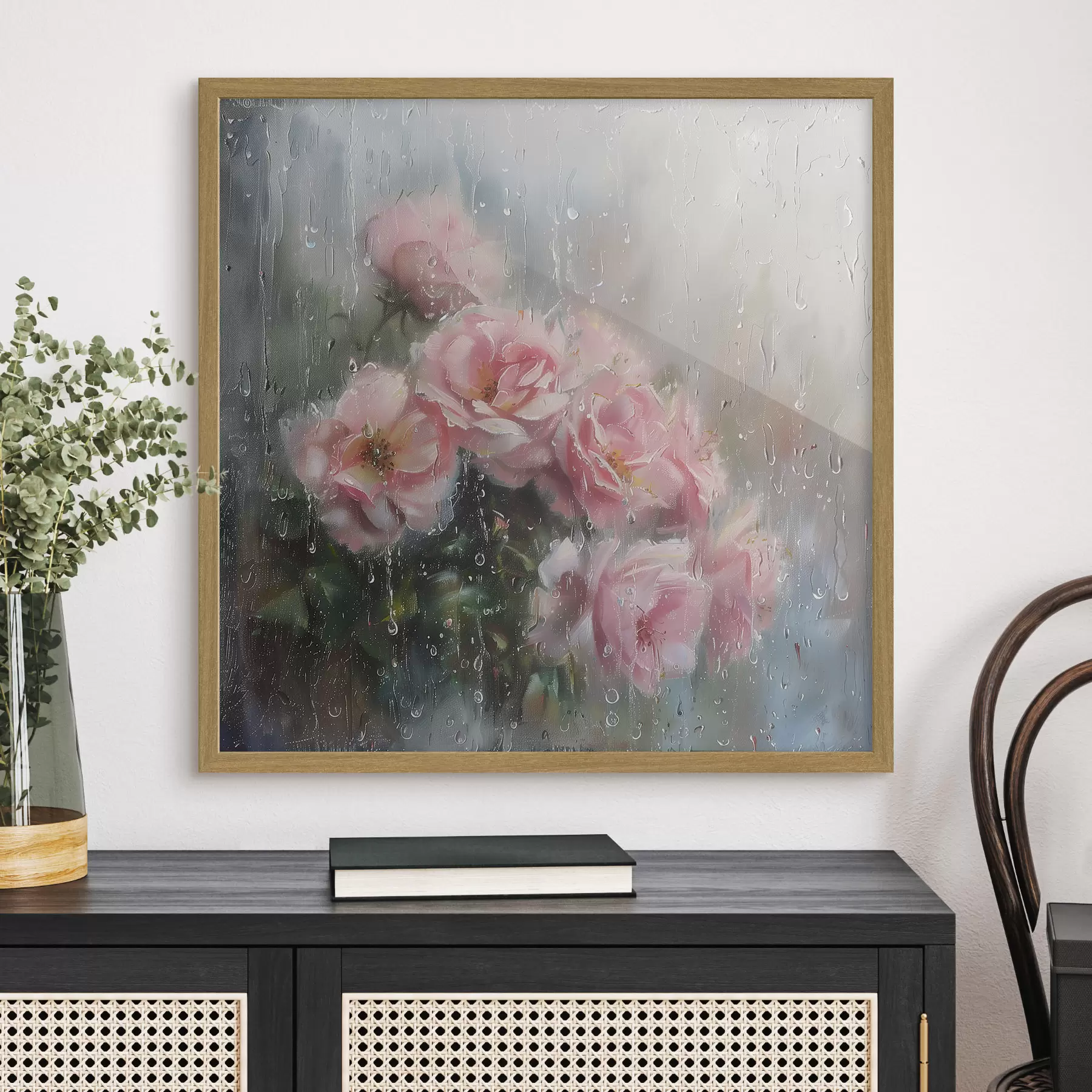 Fototapete Ein Strauß rosa Rosen vor dem Fenster bei regnerischem Wetter f40656