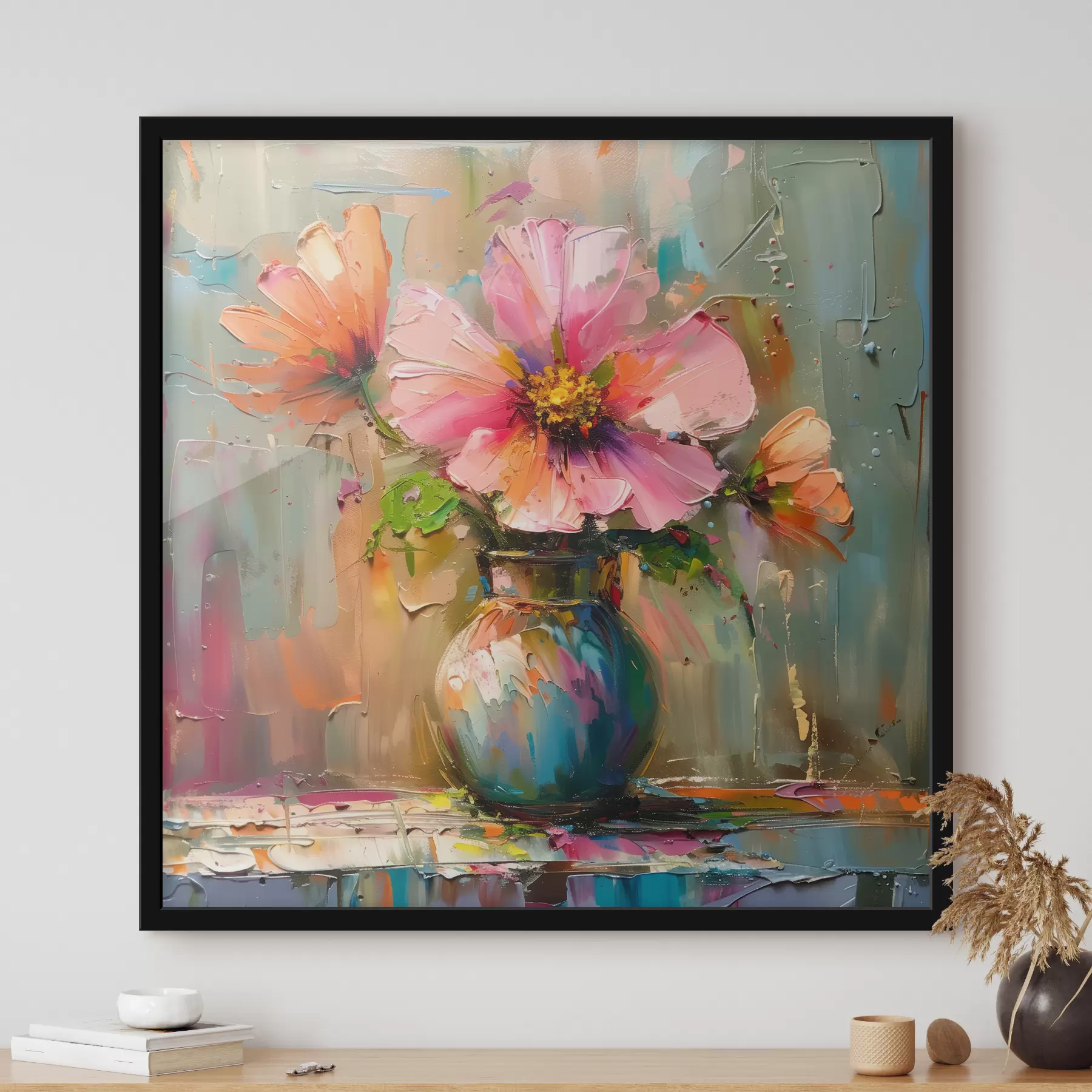 Fototapete Bunte Blume in einer Vase mit großen Pinselstrichen aus Ölfarbe f40664