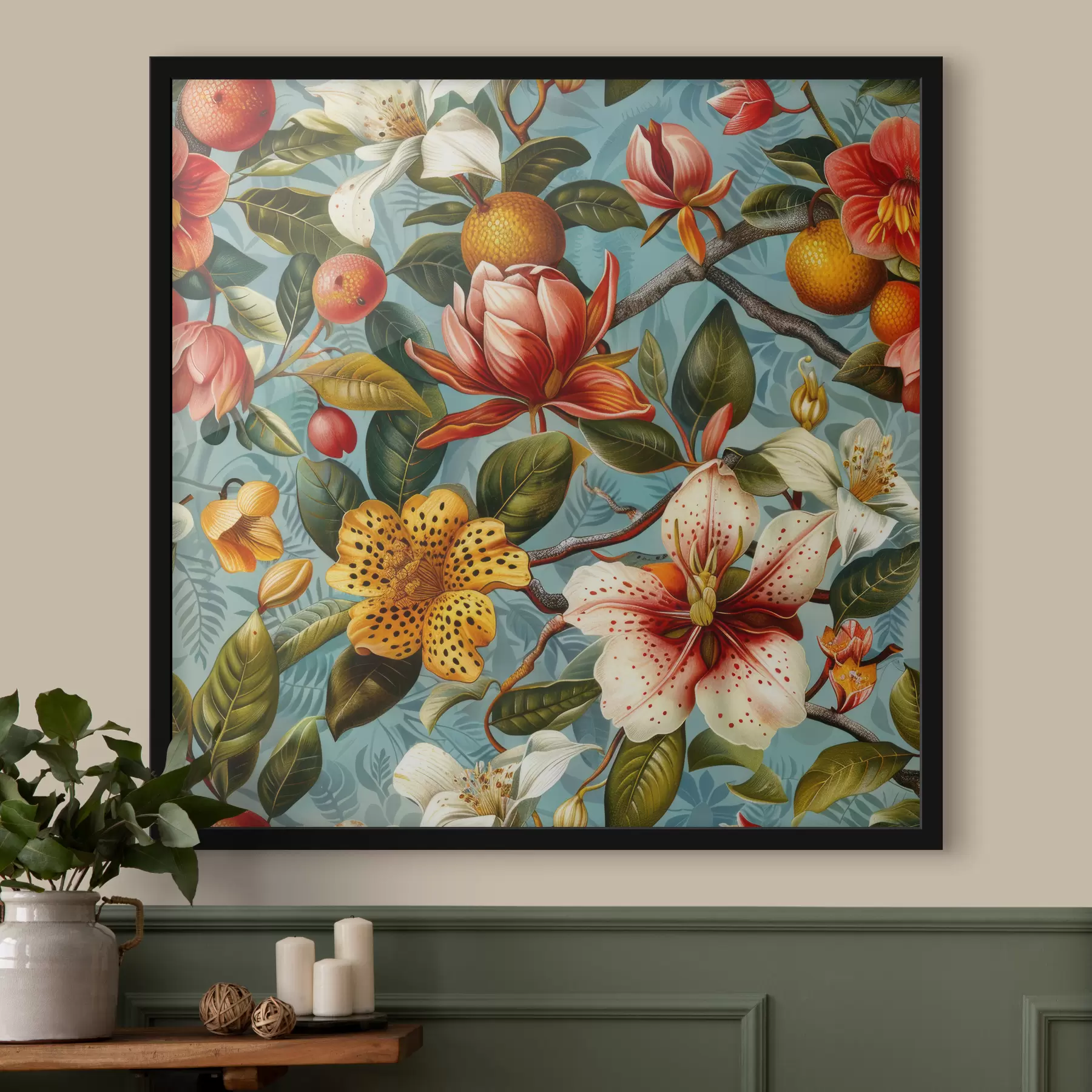 Fototapete Tropische Komposition mit verschiedenen Grünpflanzen und tropischen Blumen auf einem blauen Hintergrund f40665