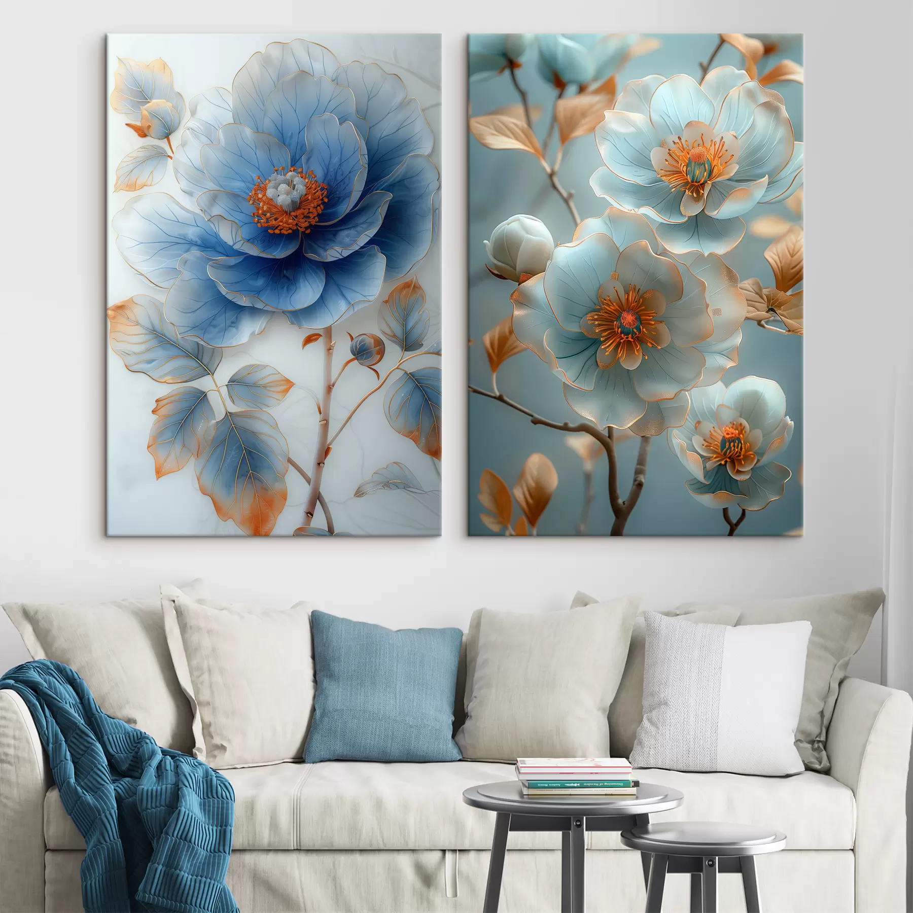 Fototapete Hellblaue Pfingstrosenblüten mit orangefarbenen Akzenten. m00355