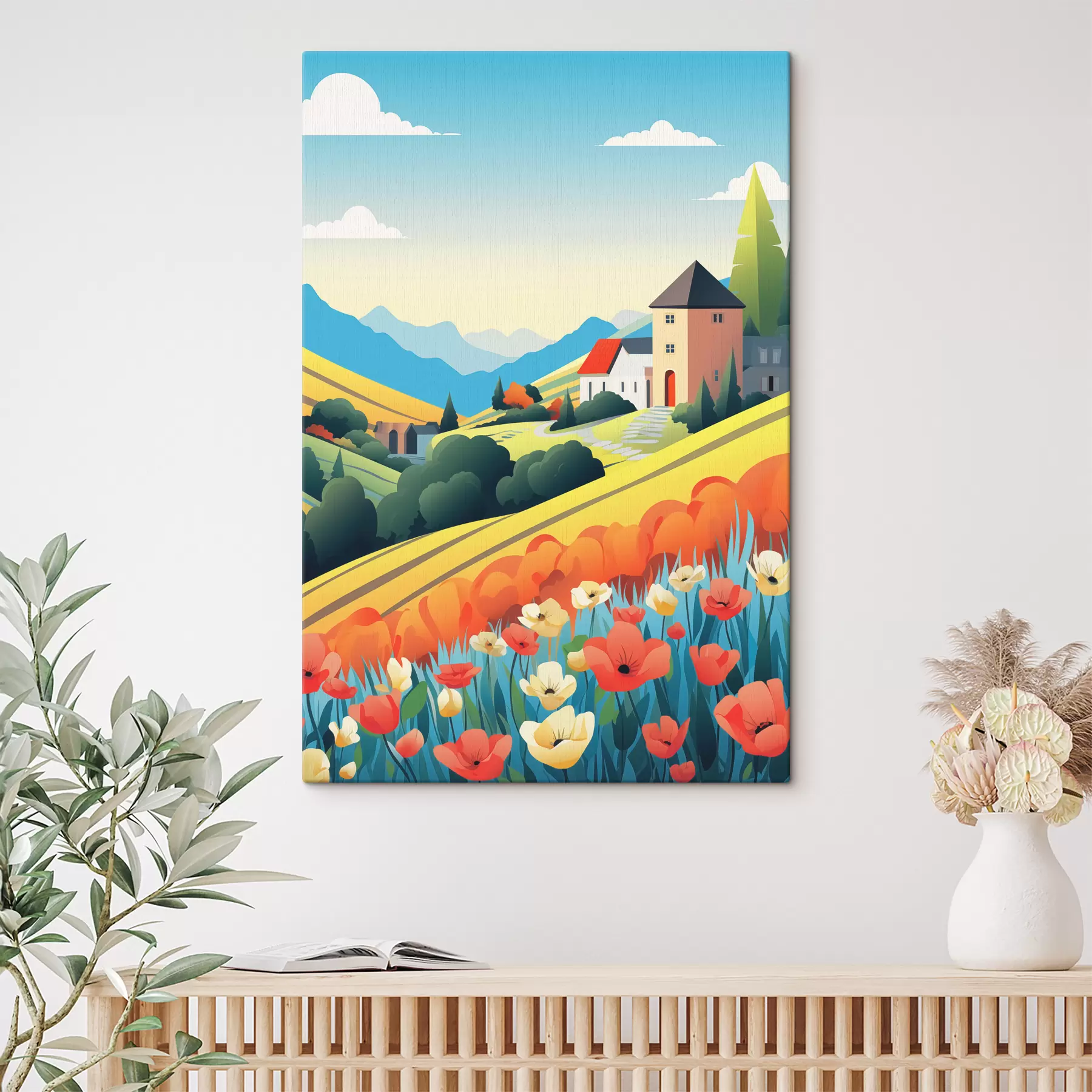 Fototapete Helle ländliche Landschaft mit einem Feld, Mohnblumen und Häusern s40756