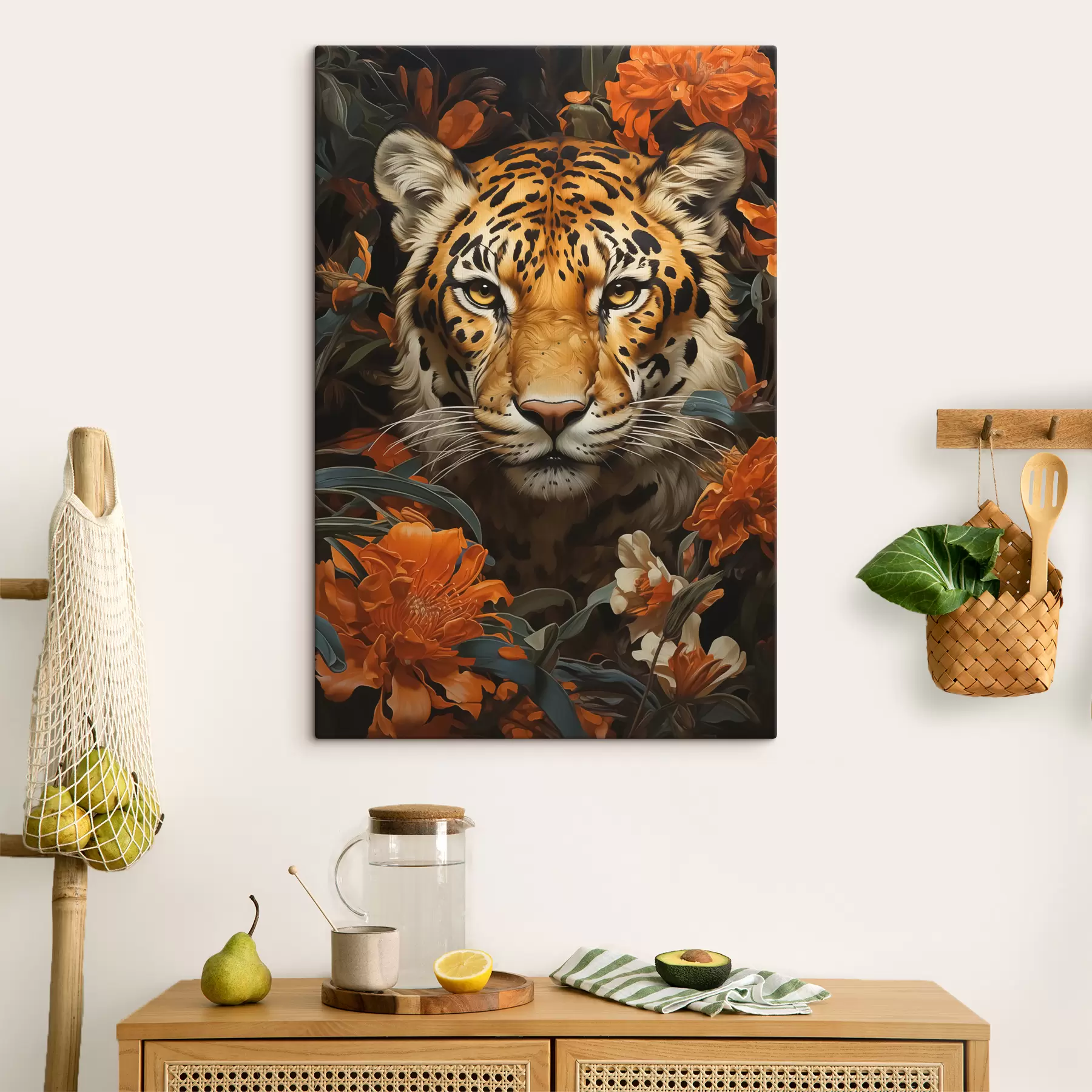 Fototapete Porträt eines Tigers, umgeben von tropischen Blumen s40757