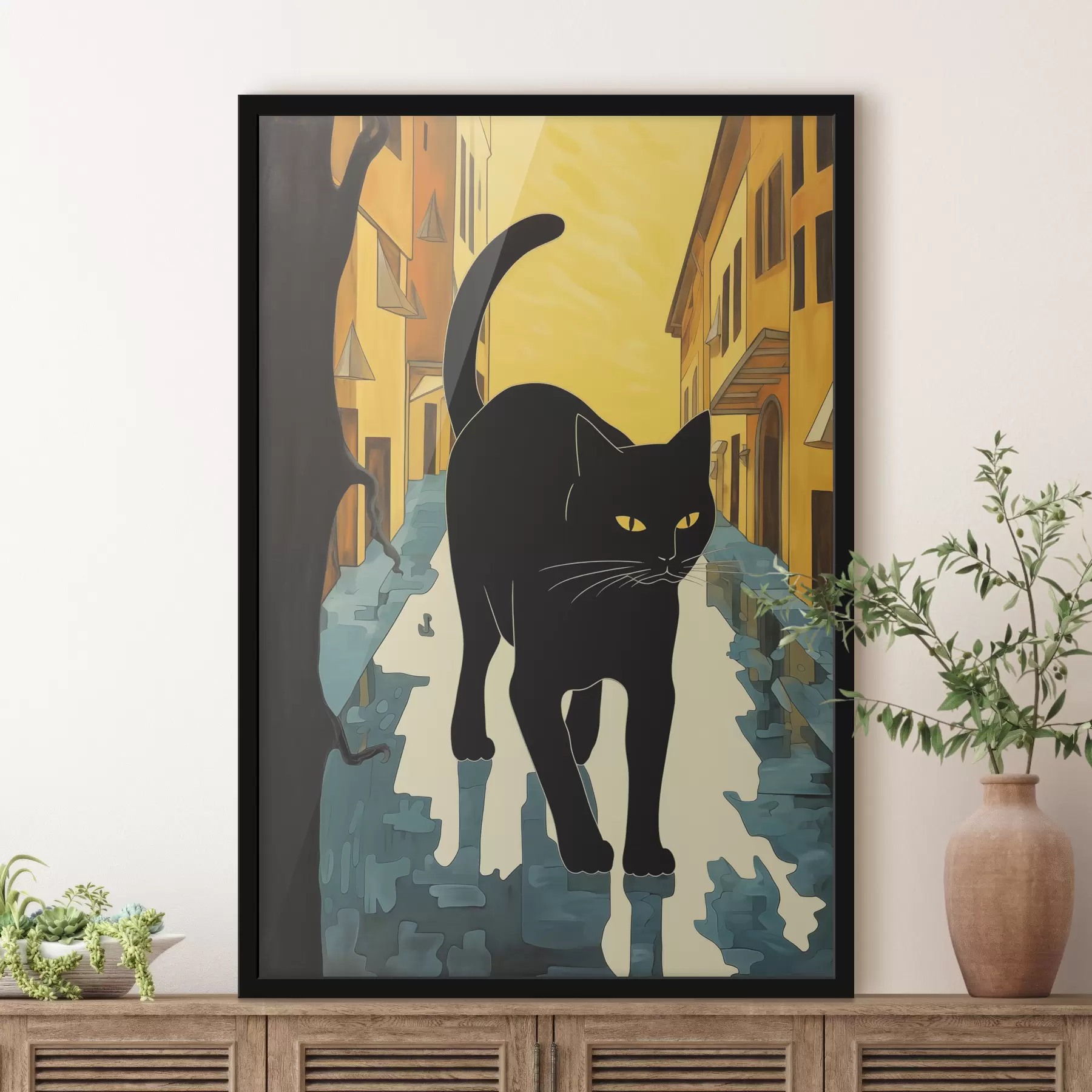 Fototapete Schwarze Katze zu Fuß die Straße hinunter Comic-Stil Illustration f40758