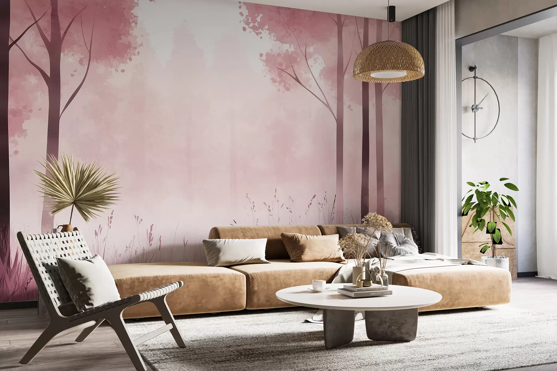 Fototapete Aquarell Wald, Nebel, Bäume, Gras, natürliche Landschaft, rosa Farbe w01563v1