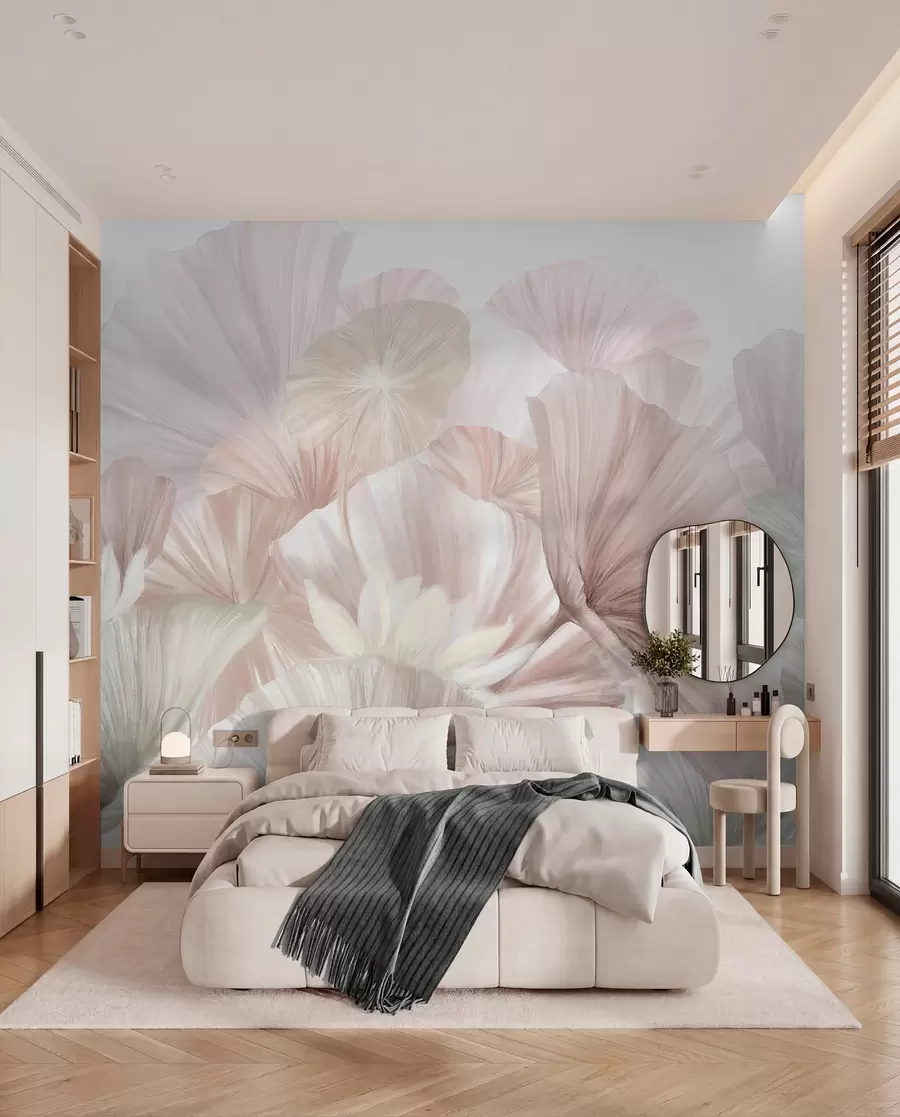 Fototapete Zarte rosa Lotusblätter mit weißen Blüten mit weichen, federleichten Blütenblättern in einer natürlichen Kunstkomposition angeordnet w08265v1