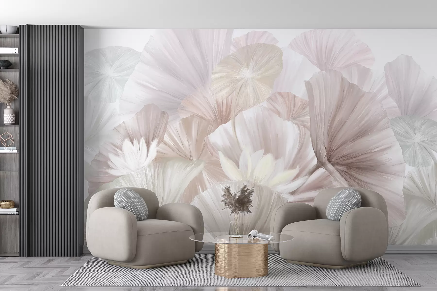Fototapete Zarte rosa Lotusblätter mit weißen Blüten mit weichen, federleichten Blütenblättern in einer natürlichen Kunstkomposition angeordnet w08265v1