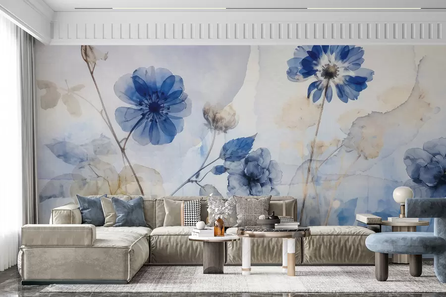 Fototapete Blaue und weiße Aquarell transparente Blumen in einem Feld, mit weichen, verschwommenen abstrakten Hintergrund w08270