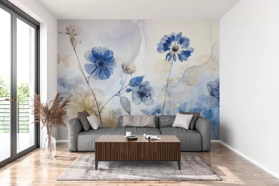 Fototapete Blaue und weiße Aquarell transparente Blumen in einem Feld, mit weichen, verschwommenen abstrakten Hintergrund w08270