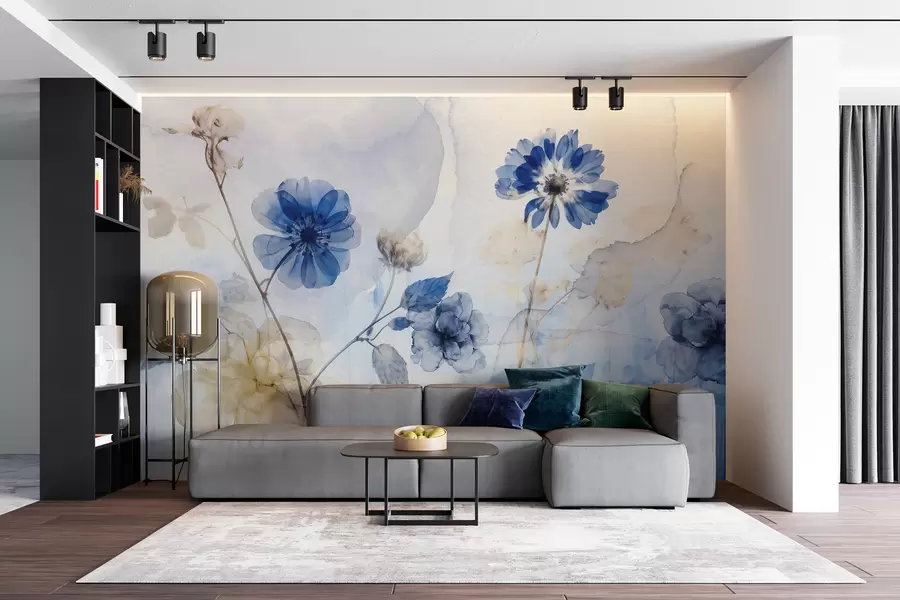 Fototapete Blaue und weiße Aquarell transparente Blumen in einem Feld, mit weichen, verschwommenen abstrakten Hintergrund w08270